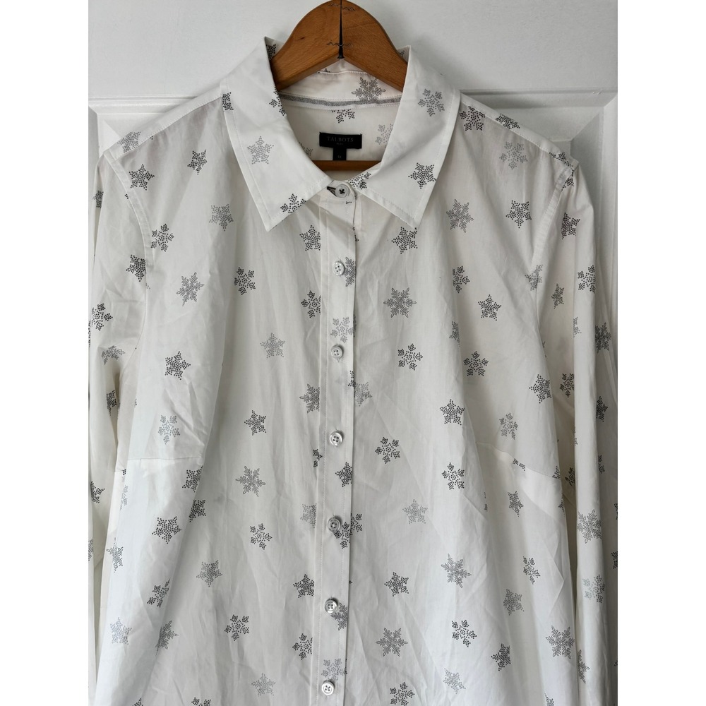 Talbots Snowflake Print Button Down Shirt Womens 1X White Grey Cotton Holiday
